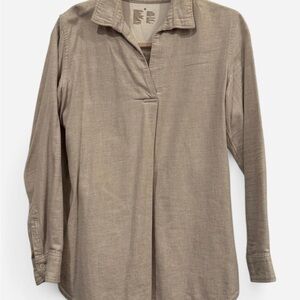 MUJI 100% Cotton Collared Flannel V-Neck Tunic Shirt - Oatmeal